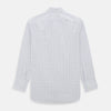 View 3 of product The Turnbull & Asser Pink Overlay Grid Check Mayfair Shirt is a long-sleeved, button-up with a collar and buttoned cuffs, featuring a white base and thin pink grid lines. Laid flat against a white surface.