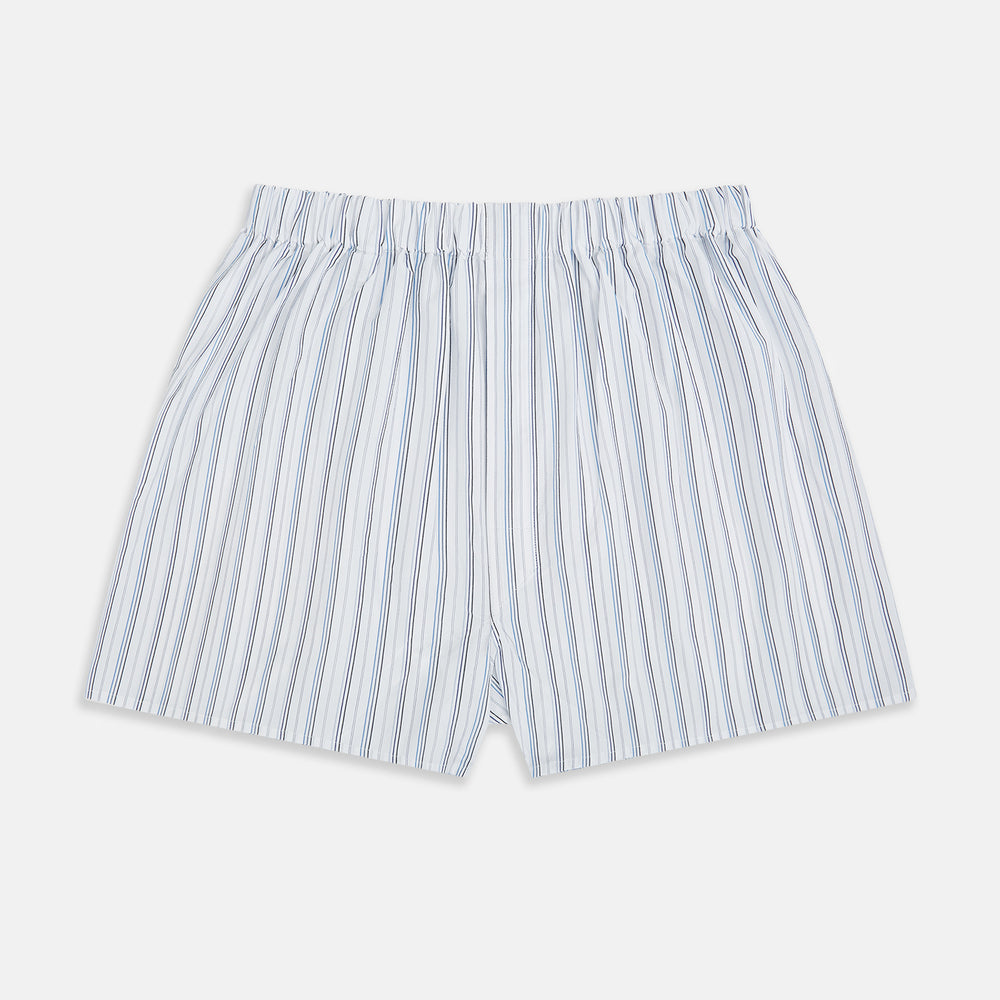 Turnbull & Asser Blue Fine Track Stripe Godfrey Boxer Shorts, crafted from premium Italian cotton with an elastic waistband, are shown laid flat on a white background.