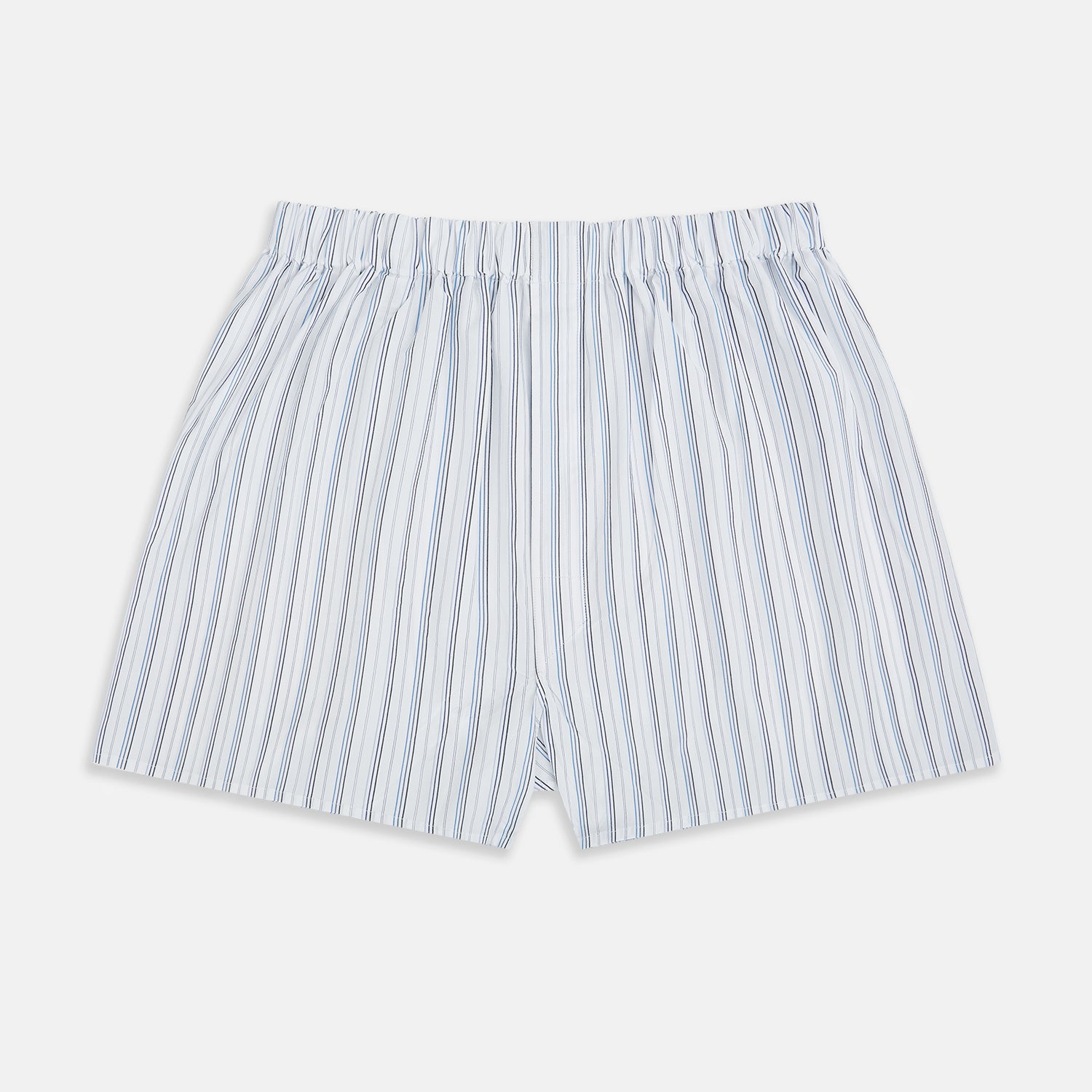 View 1 of product Turnbull & Asser Blue Fine Track Stripe Godfrey Boxer Shorts, crafted from premium Italian cotton with an elastic waistband, are shown laid flat on a white background.