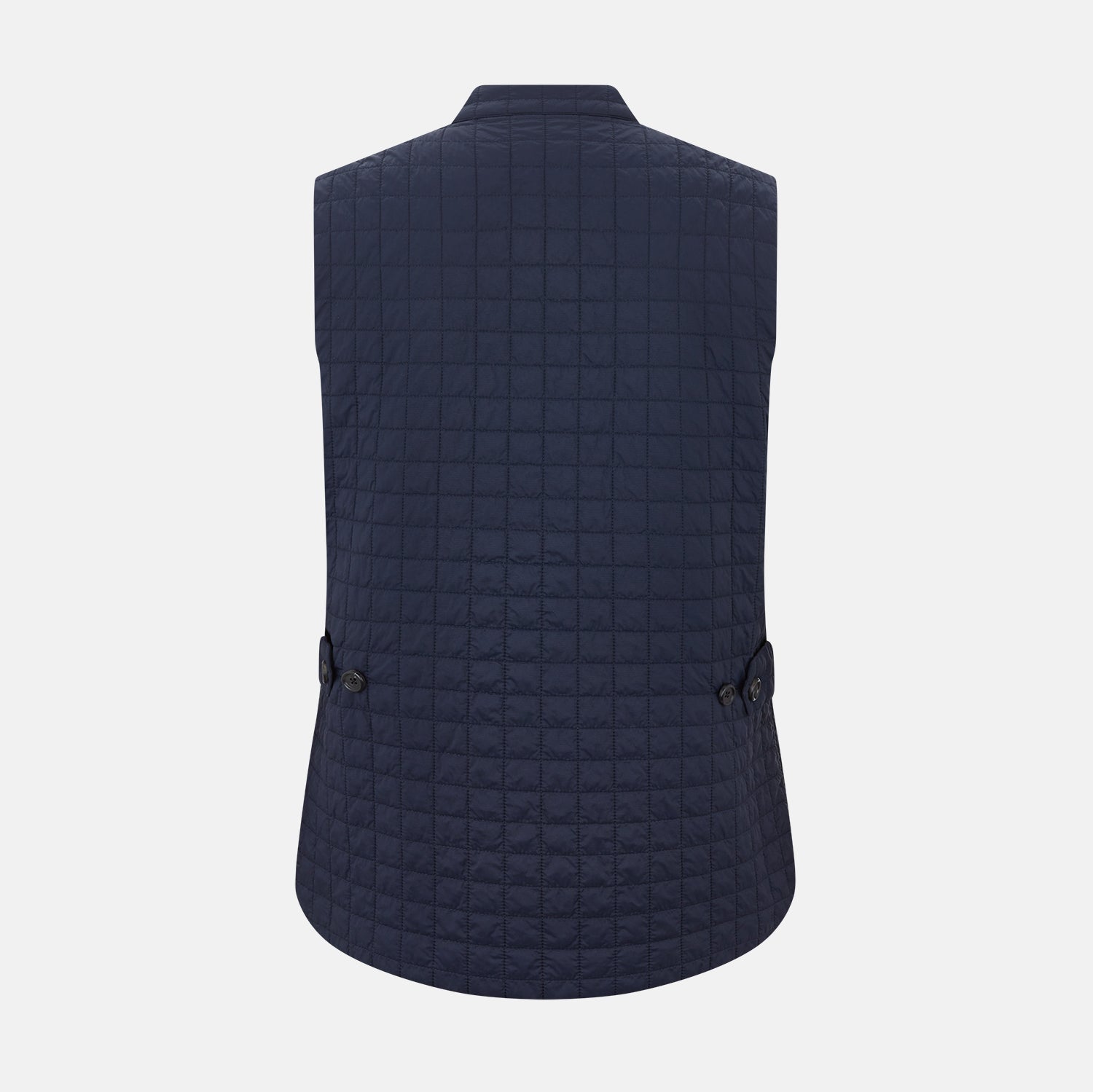 Image 3 of product The Turnbull & Asser Navy Double-Breasted Quilted Gilet is a sleeveless piece with an asymmetrical button closure, chest pocket, and two zippered side pockets, shown on a plain white background—ideal for layered dressing.