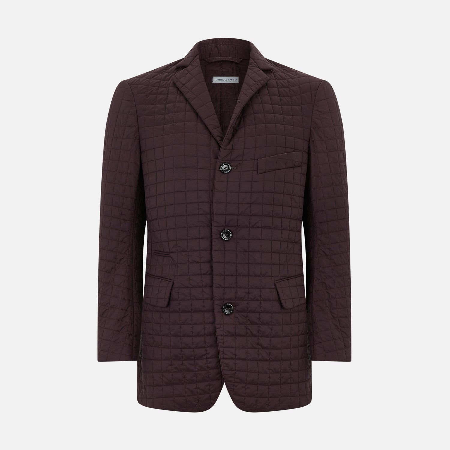 Image 1 of product The Fulham Burgundy Single-Breasted Quilted Blazer by Turnbull & Asser features a grid pattern, notch lapel, three buttons, and three front pockets. Shown on a plain white background—ideal for the modern gentleman.
