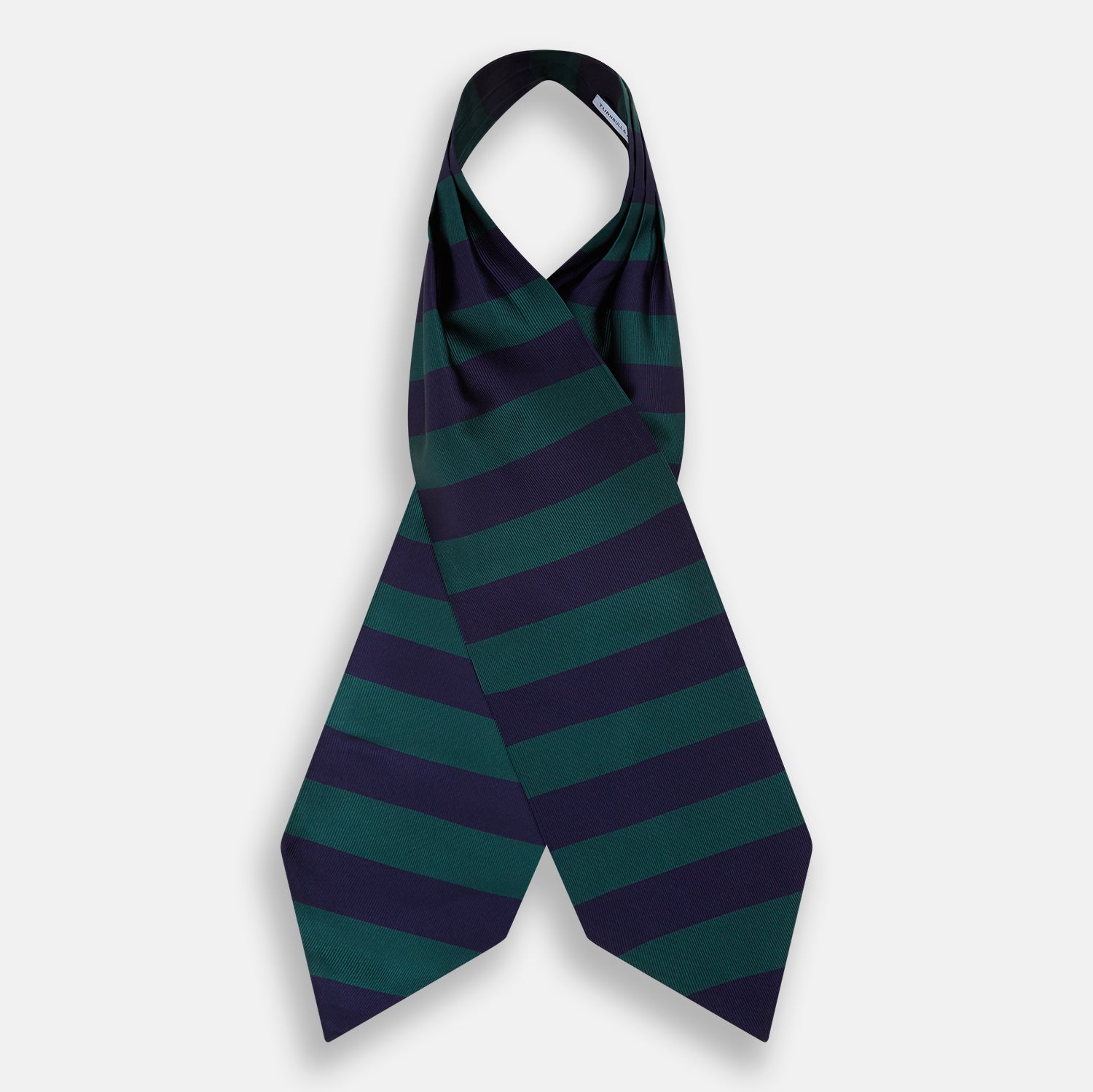 View 2 of product The Wide Green Stripe and Navy Silk Cravat from Turnbull & Asser features bold diagonal stripes in dark green and navy—an ideal wedding accessory for a refined touch of British style.