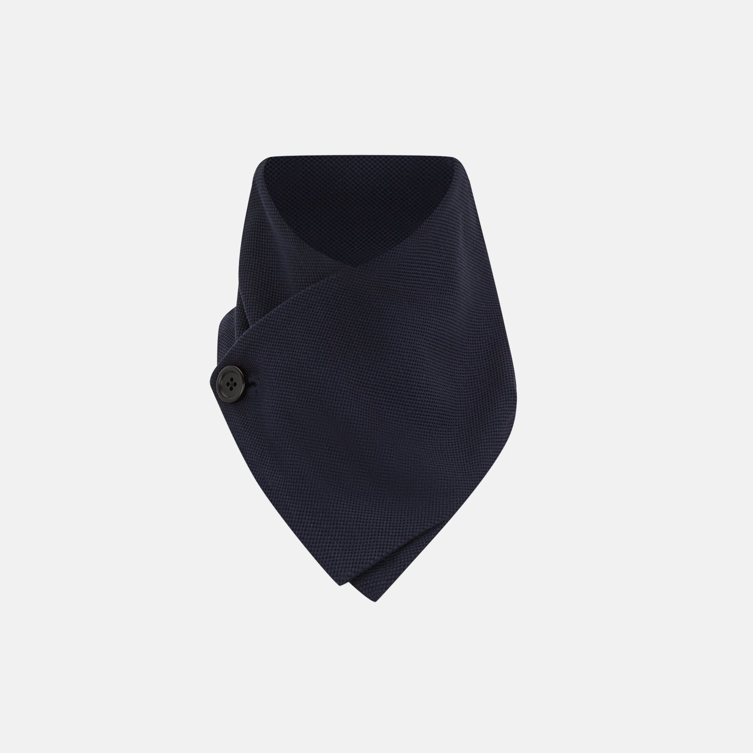 Image 1 of product The Turnbull & Asser Navy Silk and Cotton Neck Warmer features a dark navy blue textured fabric and a single black button, shown against a plain light gray background.