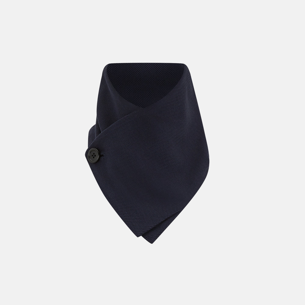 The Turnbull & Asser Navy Silk and Cotton Neck Warmer features a dark navy blue textured fabric and a single black button, shown against a plain light gray background.