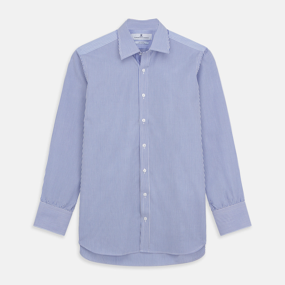 The Turnbull & Asser Blue and White Stripe Cotton RE-PURPOSE Mayfair Shirt, made with recycled fabrics, features long sleeves and a classic collar, and is shown flat against a white background.
