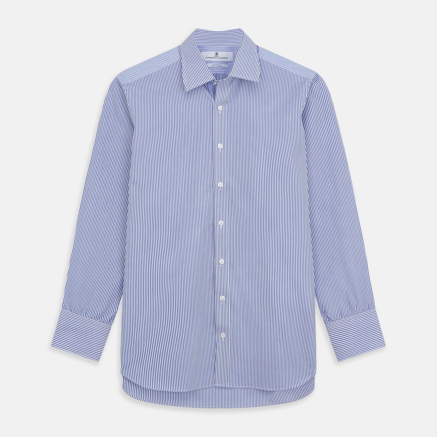 View 1 of product The Turnbull & Asser Blue and White Stripe Cotton RE-PURPOSE Mayfair Shirt, made with recycled fabrics, features long sleeves and a classic collar, and is shown flat against a white background.