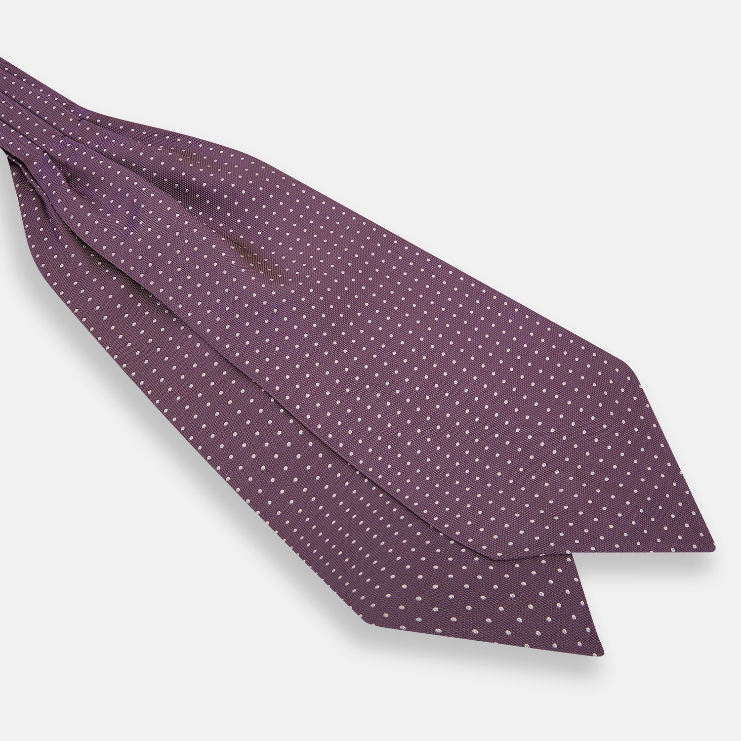 View 3 of product The Lilac and Violet Micro Dot Silk Cravat by Turnbull & Asser features small white polka dots on elegant silk, expertly crafted for a refined look, and is shown against a white background.