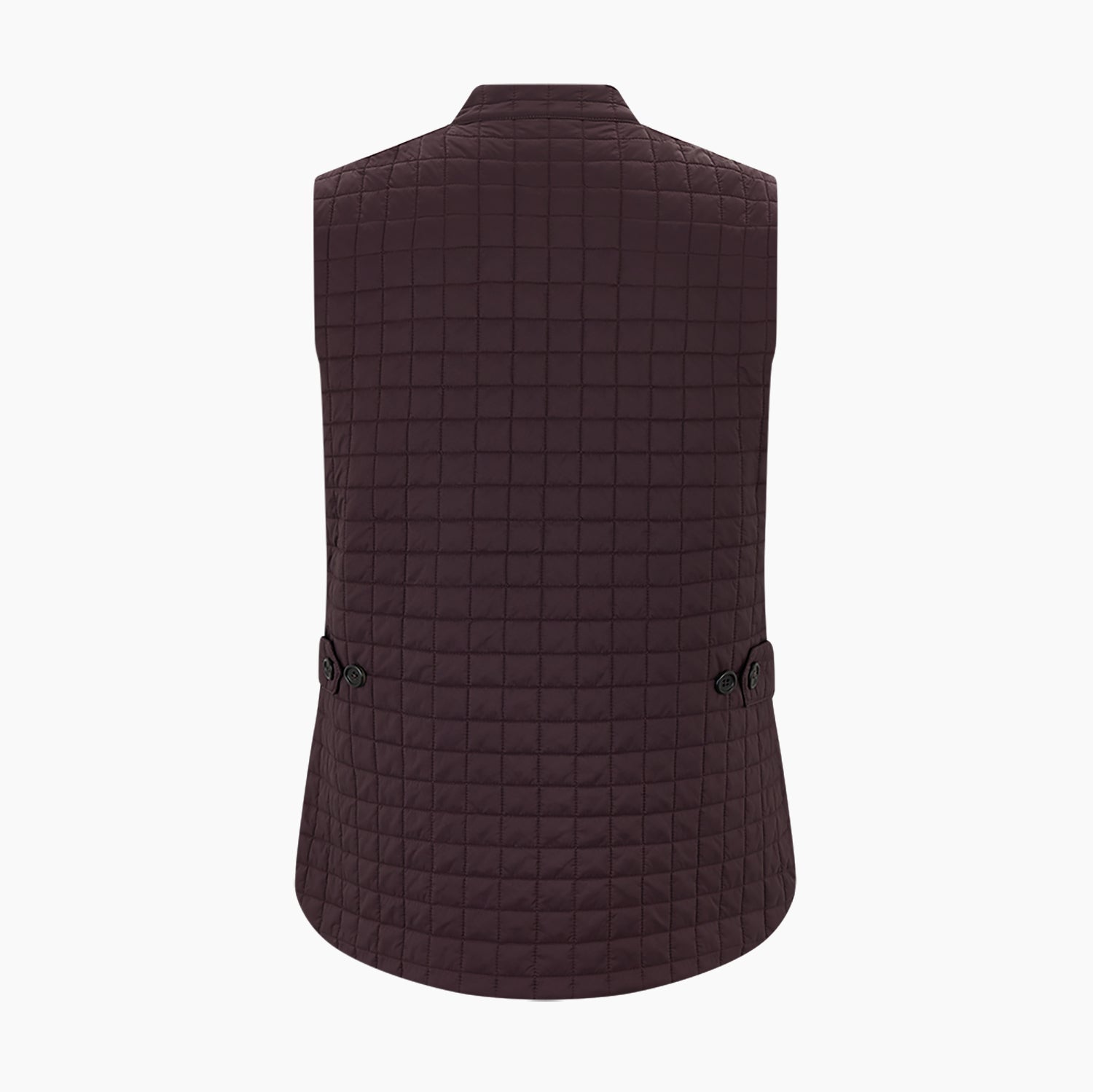Image 3 of product The Turnbull & Asser Burgundy Double-Breasted Quilted Gilet is a sleeveless vest with black buttons, an angled front, subtle check pattern, side and chest pockets—an ideal menswear piece for versatile layering.