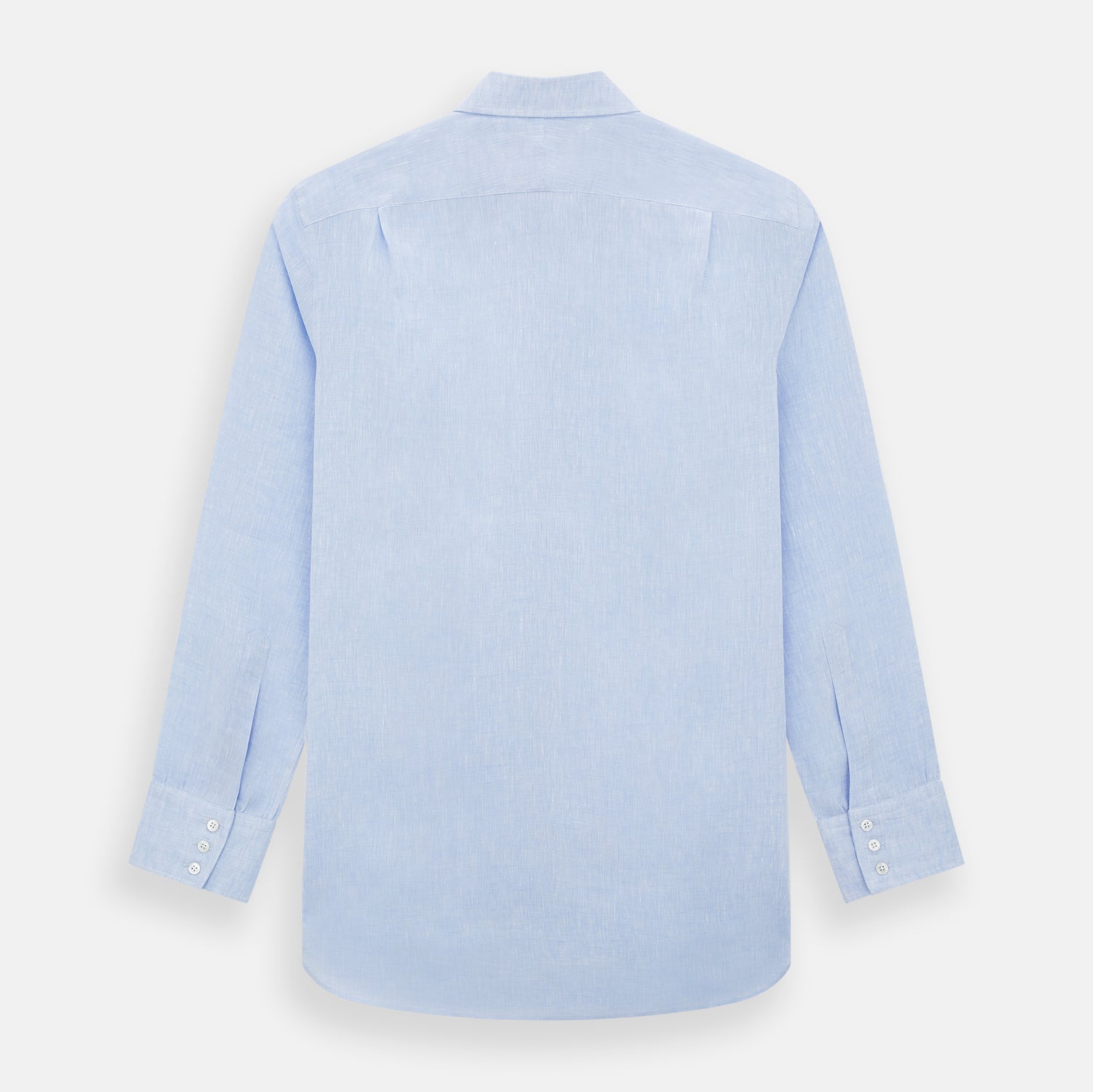 View 3 of product The Turnbull & Asser Pale Blue Linen Mayfair Shirt features a collar, front pocket, and white buttons. This long-sleeve shirt is displayed on a white background.