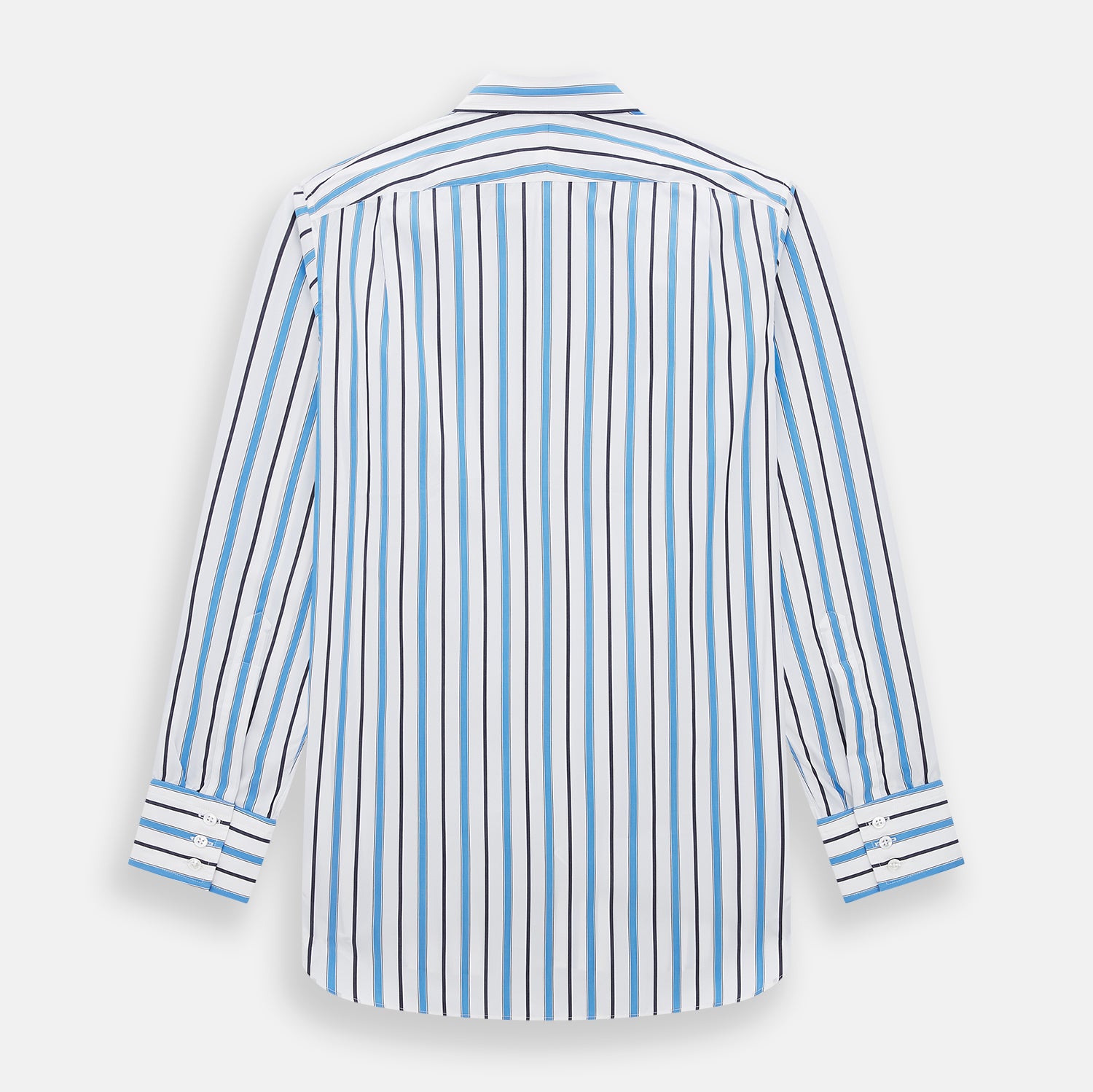 View 3 of product The Sky Blue Multi Candy Stripe Mayfair Shirt by Turnbull & Asser features vertical blue, black, and white stripes, a pointed collar, matching cuffs, and showcases signature British craftsmanship.