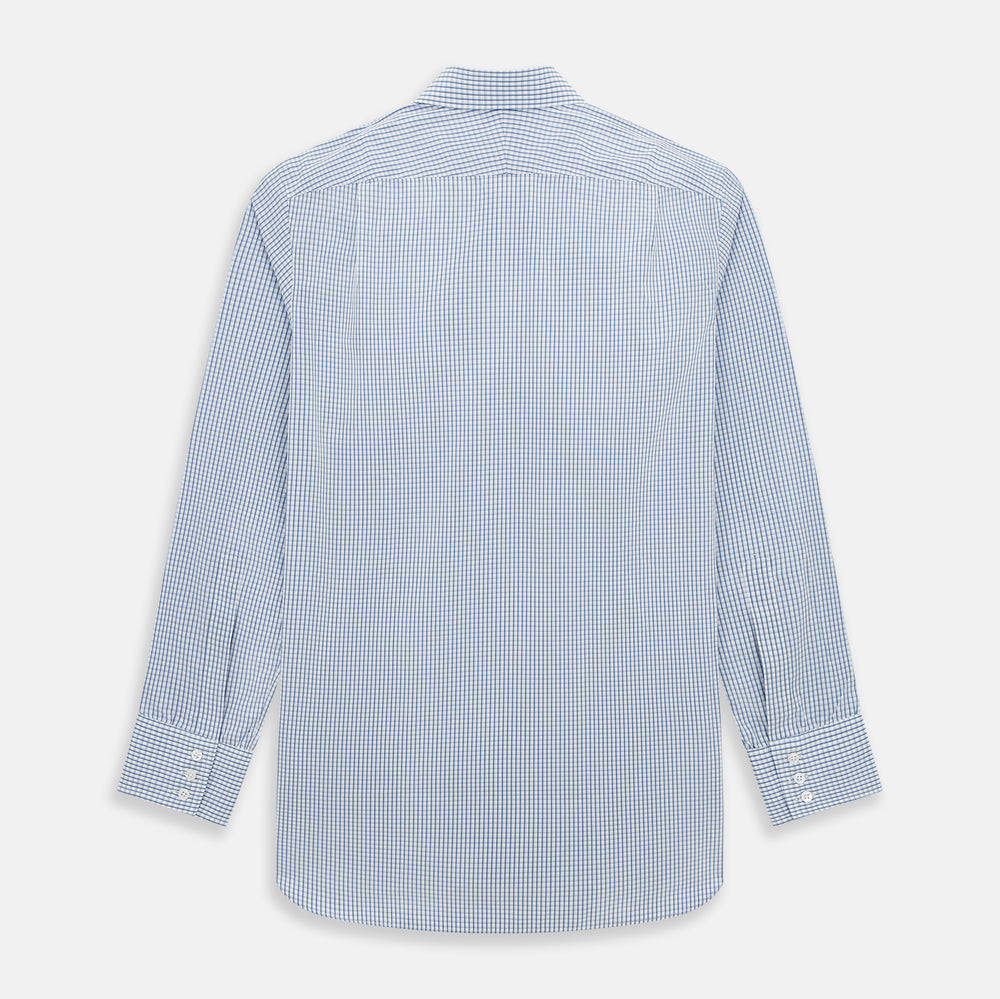 The Sky Blue Micro Shadow Check Mayfair Shirt by Turnbull & Asser features long sleeves, a classic collar, buttoned cuffs, and a light blue and white micro check pattern—showcasing refined British craftsmanship.