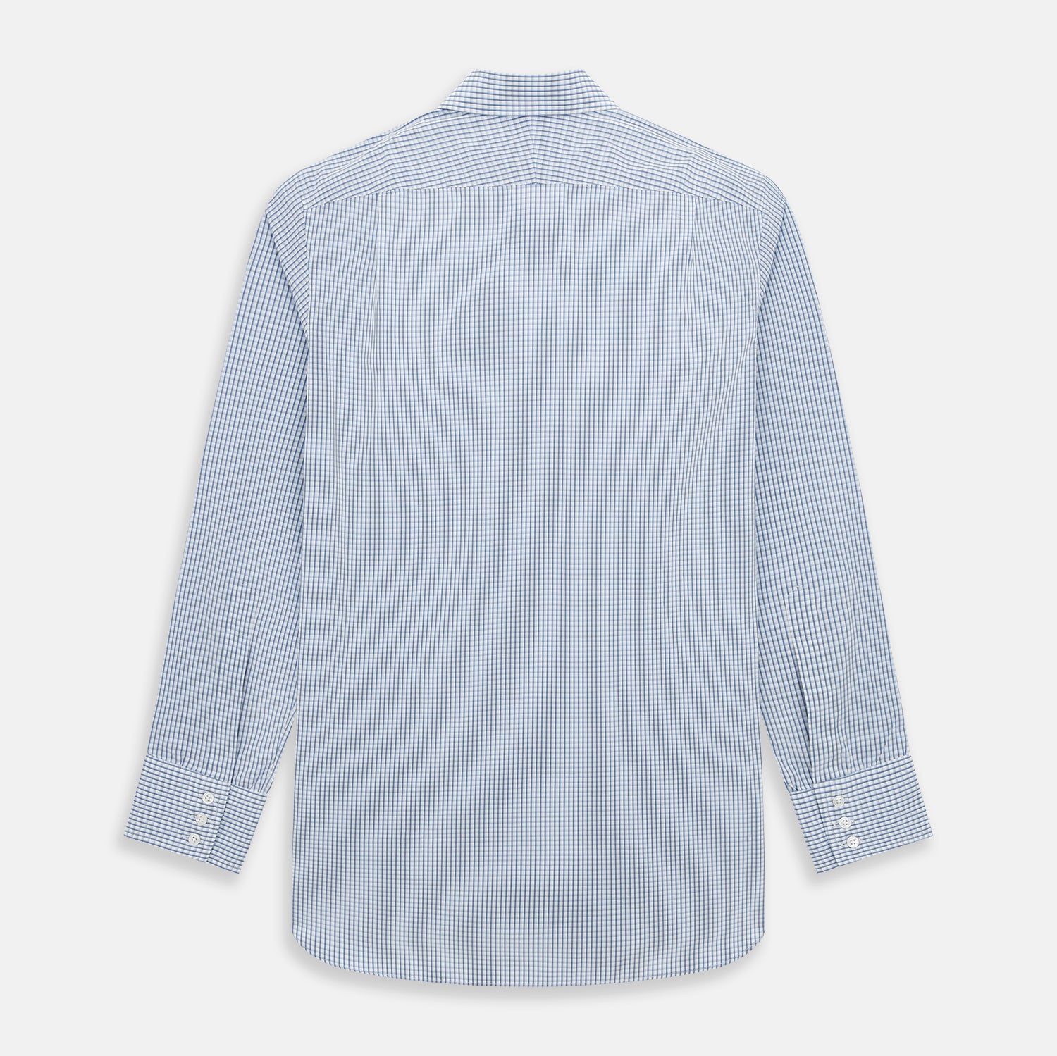View 3 of product The Sky Blue Micro Shadow Check Mayfair Shirt by Turnbull & Asser features long sleeves, a classic collar, buttoned cuffs, and a light blue and white micro check pattern—showcasing refined British craftsmanship.