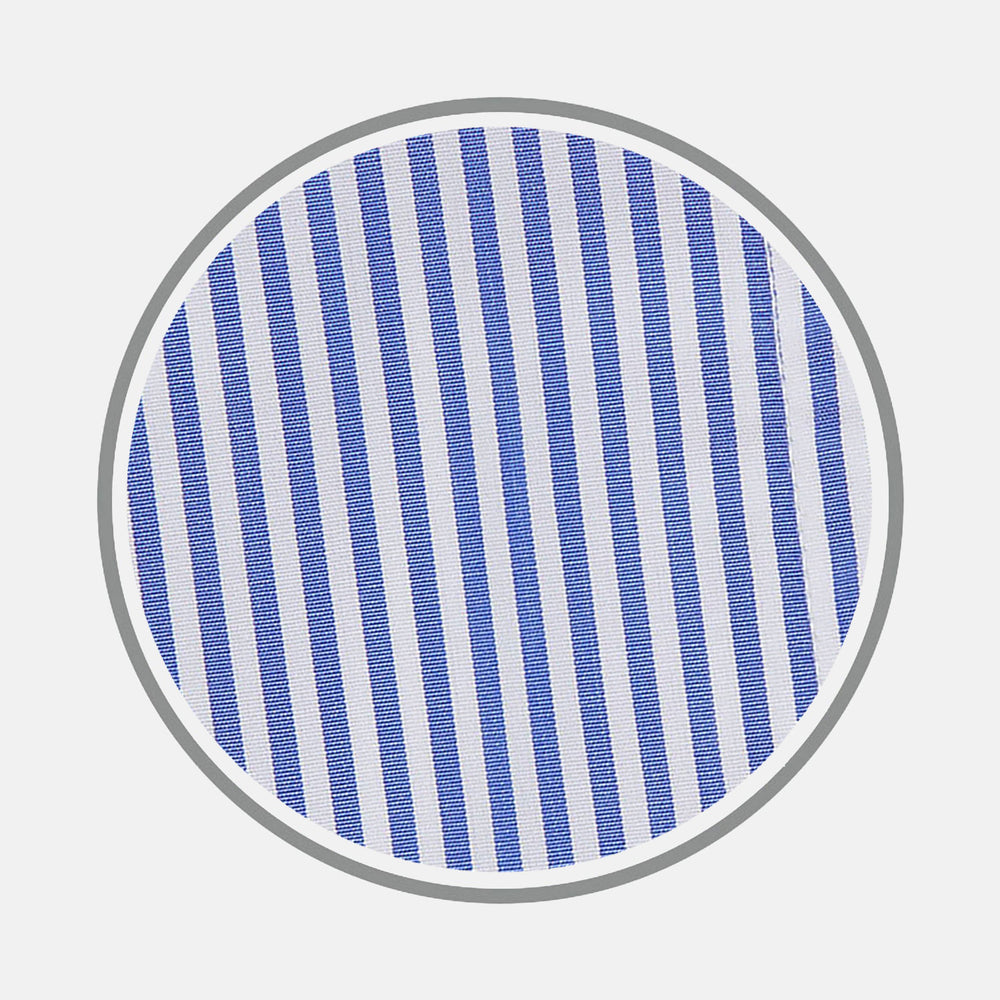 A circular swatch of Turnbull & Asser’s Blue Bengal Stripe Cotton Fabric features alternating vertical blue and white stripes with a gray border.