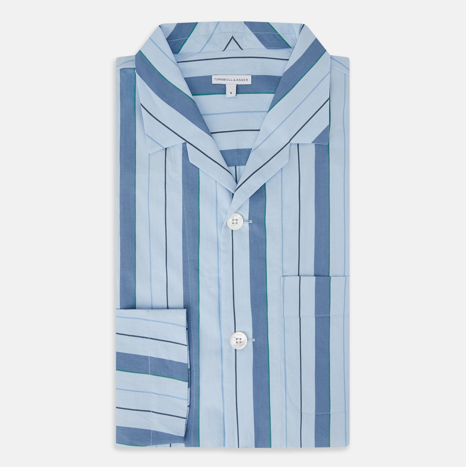 View 5 of product The Blue Baiadera Stripe Pyjama Shirt by Turnbull & Asser features long sleeves, a chest pocket, and a notched collar for an elegant nightwear look, shown on a white background.