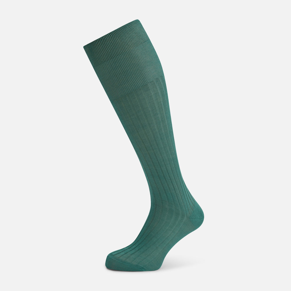 The Sage Long Sock by Turnbull & Asser is a knee-high, ribbed green sock made from premium Egyptian cotton, displayed against a plain white background.