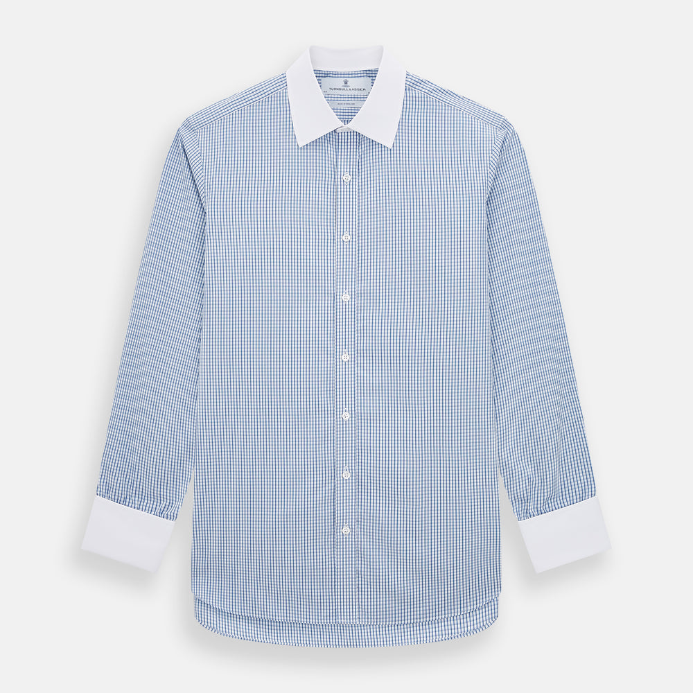 The Turnbull & Asser Sky Blue Micro Shadow Check Shirt features a Mayfair fit, contrast white collar and double cuffs—ideal for formal wear—shown against a plain white background.