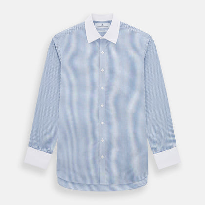 Sky Blue Micro Shadow Check Shirt with White Collar and Double Cuffs