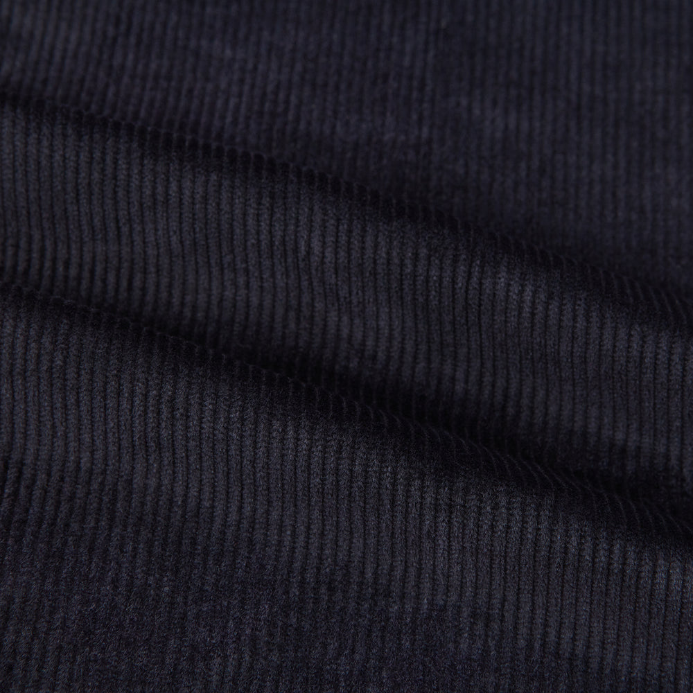 The Turnbull & Asser Navy Corduroy Henry Trousers are tailored fit with a straight-leg cut, made from a wool-cotton blend, and feature front button and zip closure, shown against a plain white background.