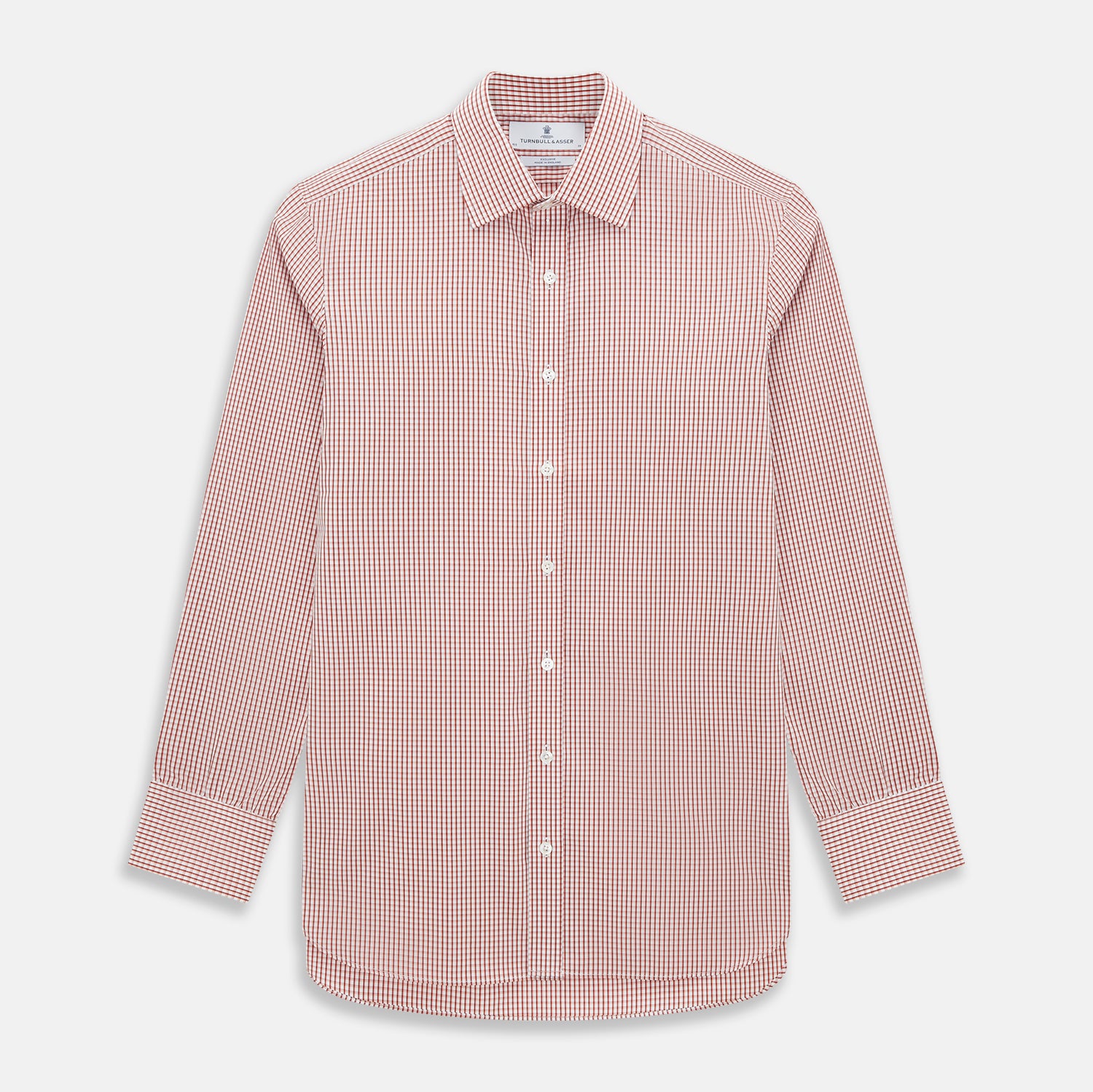 View 1 of product The Turnbull & Asser Red Micro Shadow Check Mayfair Shirt, made from premium Italian cotton with a classic collar and buttoned cuffs, is shown on a plain white background.