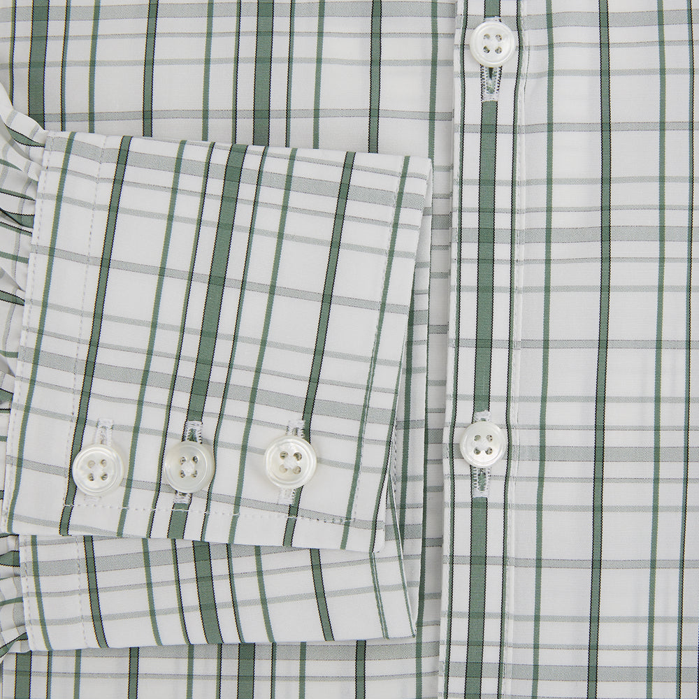 The Turnbull & Asser Sage Green Plaid Check Westminster Shirt features a collared, long-sleeve button-up design with a white base and sage green plaid pattern, showcasing classic British craftsmanship against a clean white background.
