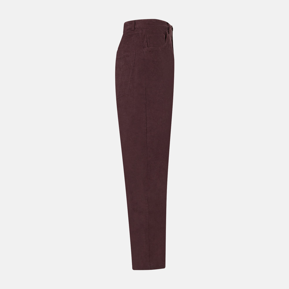 The Turnbull & Asser Burgundy Corduroy Charles Trousers are straight-leg stretch cotton pants in dark burgundy, featuring side and back pockets, shown against a plain white background.