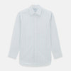 View 1 of product The Turnbull & Asser Pink and Green Wide Pinstripe Mayfair Shirt is a long-sleeve, button-up shirt made from organic cotton, shown laid flat on a white background.