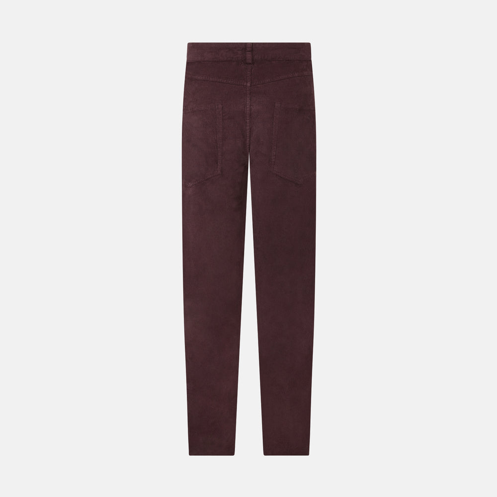 The Turnbull & Asser Burgundy Corduroy Charles Trousers are straight-leg stretch cotton pants in dark burgundy, featuring side and back pockets, shown against a plain white background.
