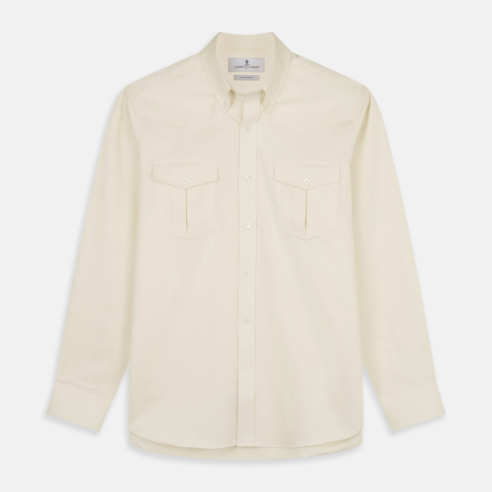 The Cream Cotton Weekend Fit Western Shirt with Dorset Collar by Turnbull & Asser features two chest pockets and is laid flat on a white background—ideal for smart-casual style.
