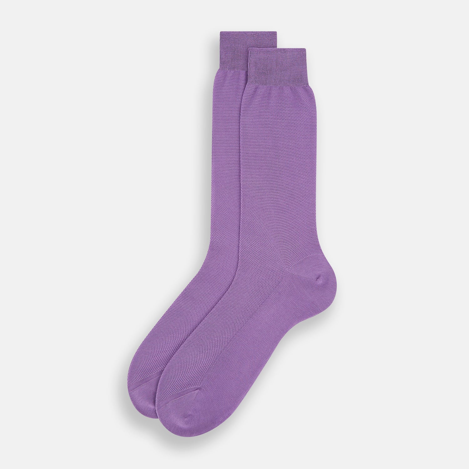 View 2 of product Turnbull & Asser’s Violet Micro Knit Mid-Length Sock, crafted from mercerised Egyptian cotton, stands upright on a plain white background with the toe and heel clearly visible.
