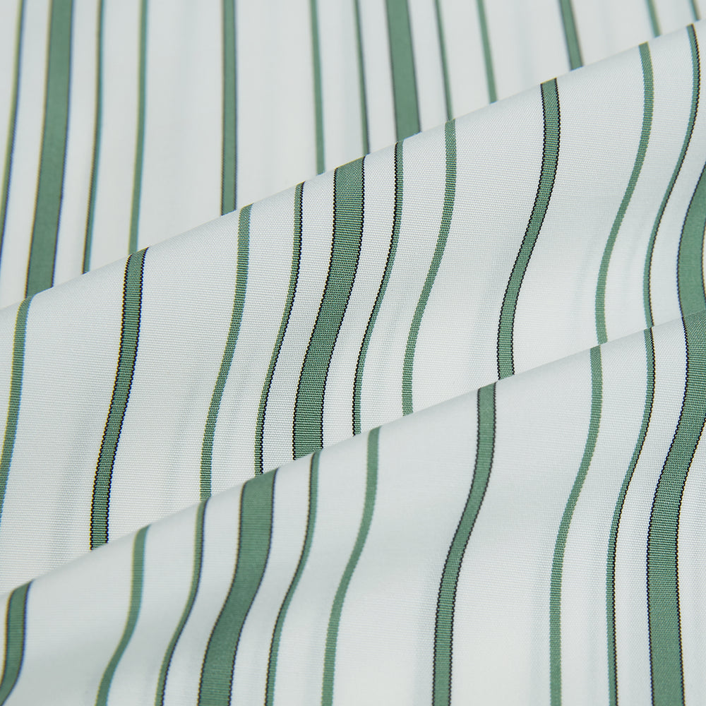 The SAGE GREEN MULTI STRIPE WESTMINSTER SHIRT by Turnbull & Asser features a classic collar, long sleeves, buttoned cuffs, relaxed fit, and vertical green and white stripes—embodying timeless British craftsmanship.