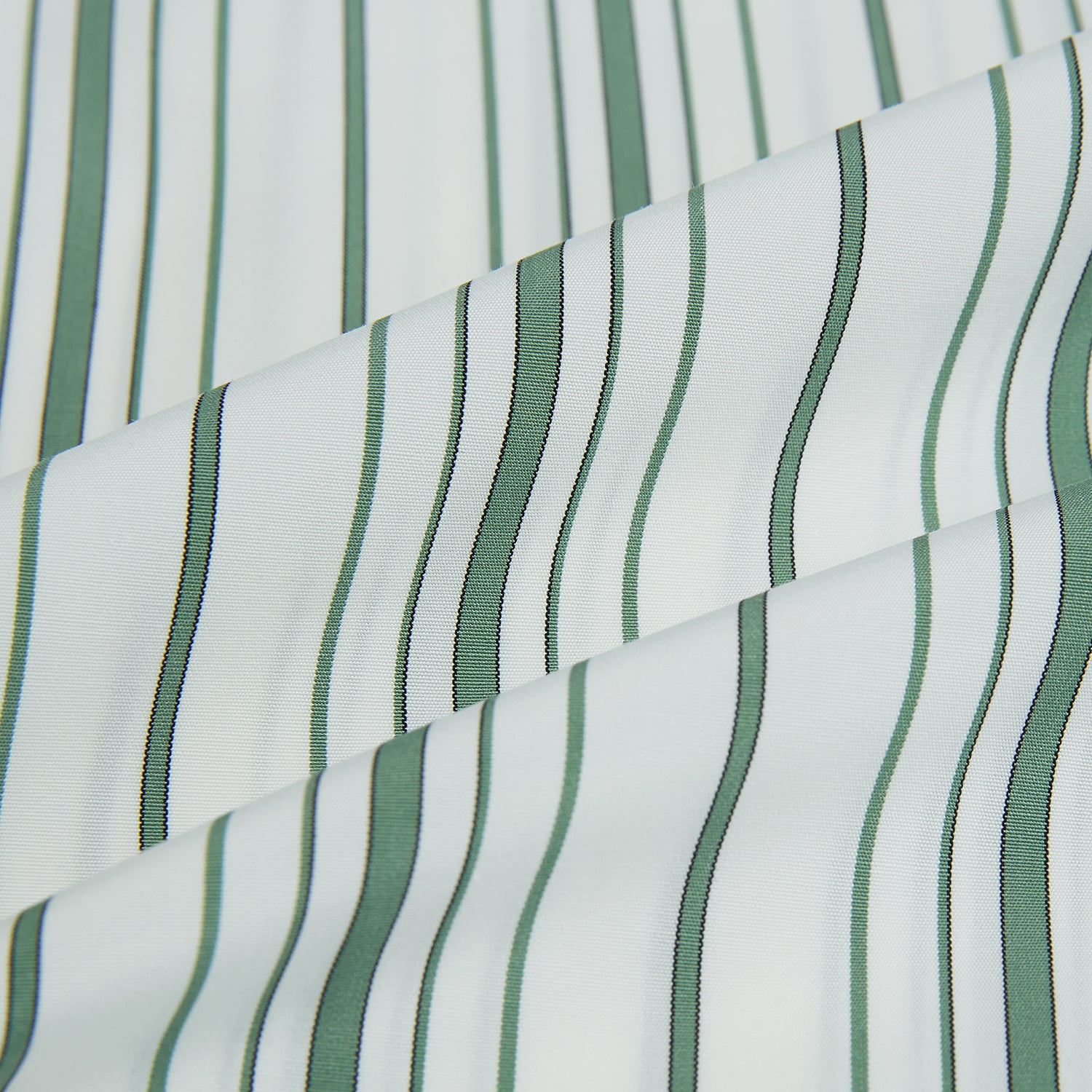 View 8 of product The SAGE GREEN MULTI STRIPE WESTMINSTER SHIRT by Turnbull & Asser features a classic collar, long sleeves, buttoned cuffs, relaxed fit, and vertical green and white stripes—embodying timeless British craftsmanship.