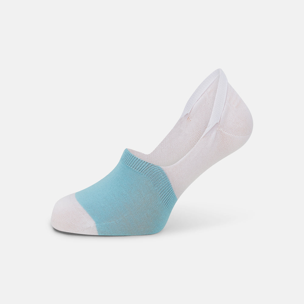 A single Turnbull & Asser White No-Show Sock, low-cut with a light blue front and white heel, displayed against a plain white background.