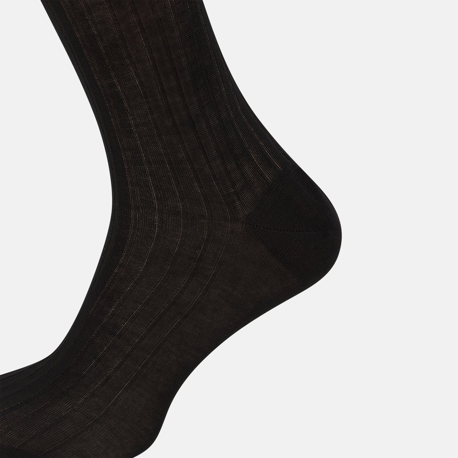 View 4 of product A single Turnbull & Asser Black Cotton Long Sock is shown upright on a white background, featuring a ribbed texture along the leg and foot with a smooth finish at the top.