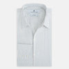 View 5 of product The Turnbull & Asser Turquoise and Red Ticking Stripe Windsor Shirt, featuring a classic collar and buttoned cuffs, is displayed flat against a white background.