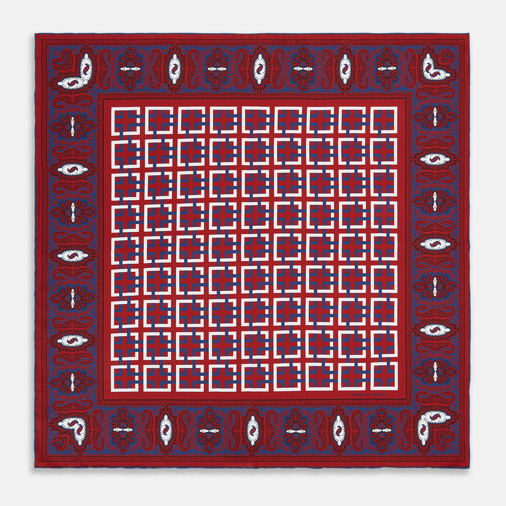 Red Square-Patterned and Paisley Patterned Silk Pocket Square