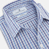 View 2 of product Turnbull & Asser's Blue and Navy Multi Check Piccadilly Shirt features long sleeves, a pointed collar, and two buttoned chest pockets, shown on a white background.