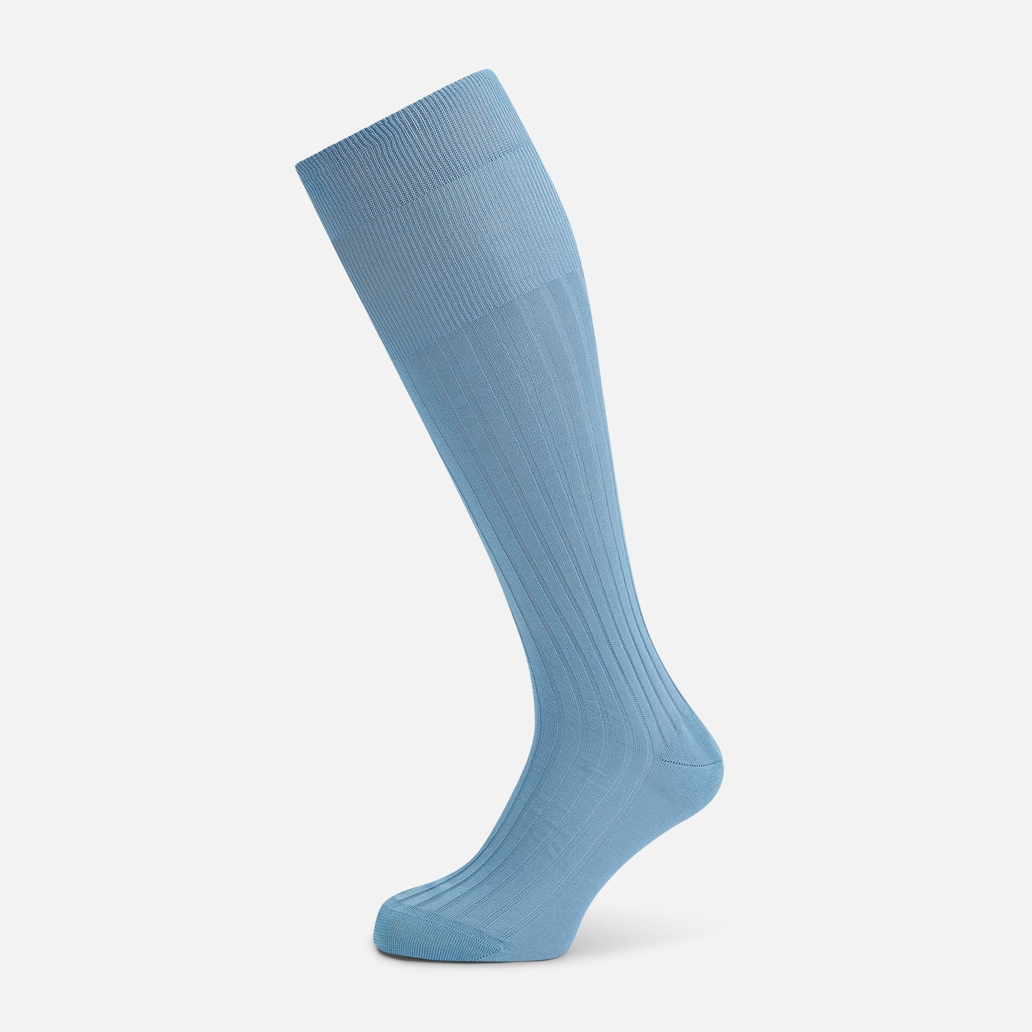 View 1 of product A single Turnbull & Asser Pale Blue Long Sock, featuring a ribbed texture and crafted from mercerised Egyptian cotton, is displayed upright on a plain white background.