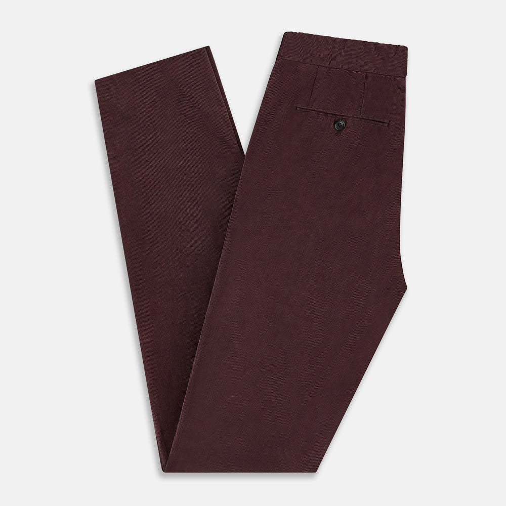 Turnbull & Asser Burgundy Corduroy Miles Trousers: high-waisted, straight-leg pants with an elasticated drawstring waist, shown on a white background.