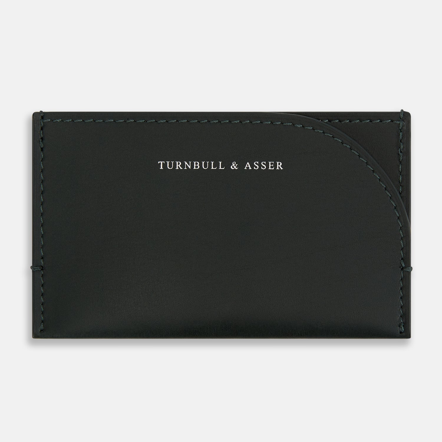 View 1 of product A forest green slim leather card case by Turnbull & Asser with the brand name in white on the front, visible stitching, and a curved pocket design on the right side.