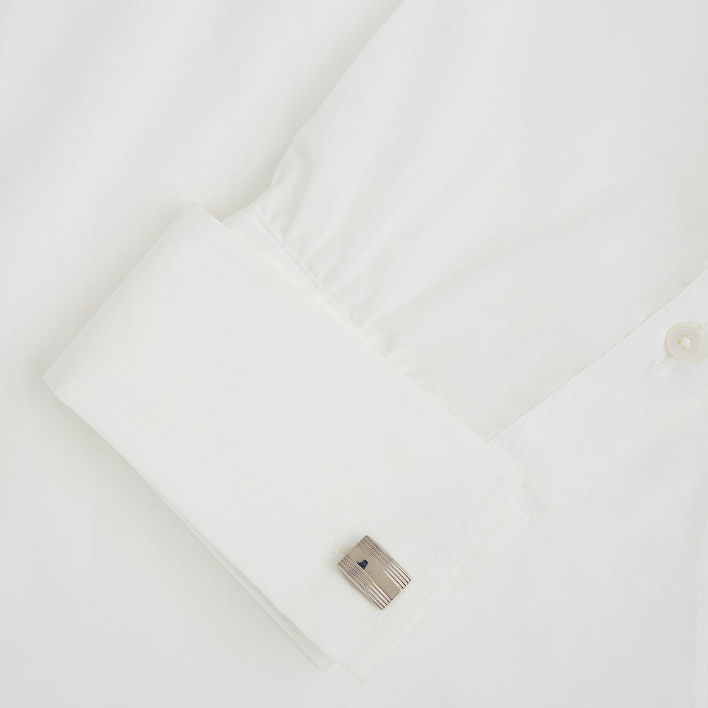 Turnbull & Asser Silver Striped Rectangular Cufflinks feature a subtle horizontal engraved line pattern on the front, set against a white background.