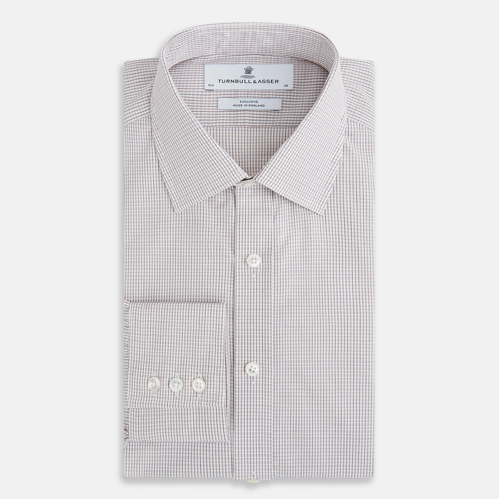 The Turnbull & Asser Burgundy Micro Tattersall Check Mayfair Shirt, crafted from Italian cotton with long sleeves, a button-down front, collar, and buttoned cuffs, is shown on a white background.
