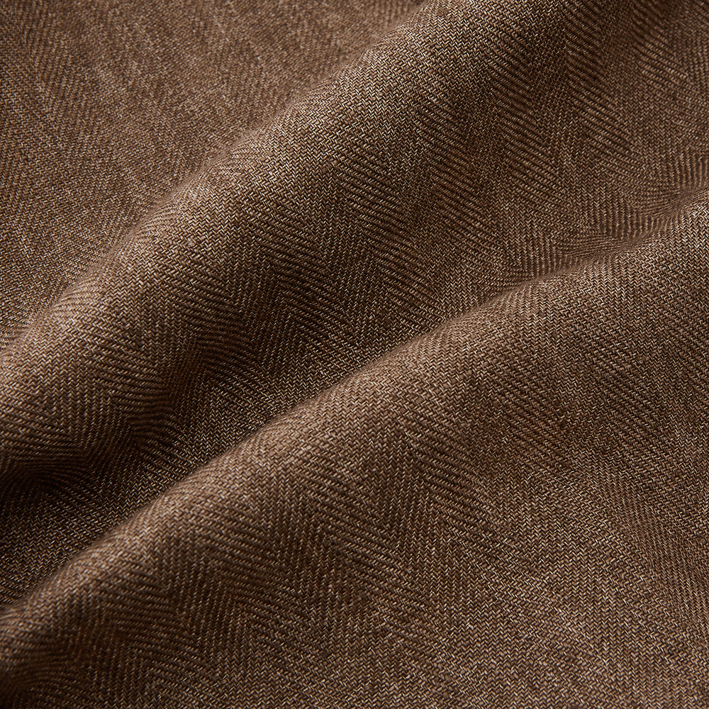 The Turnbull & Asser Pine Cone Linen Herringbone Miles Trousers feature a relaxed fit, elasticated waistband, and drawstring tie, shown against a plain white background.