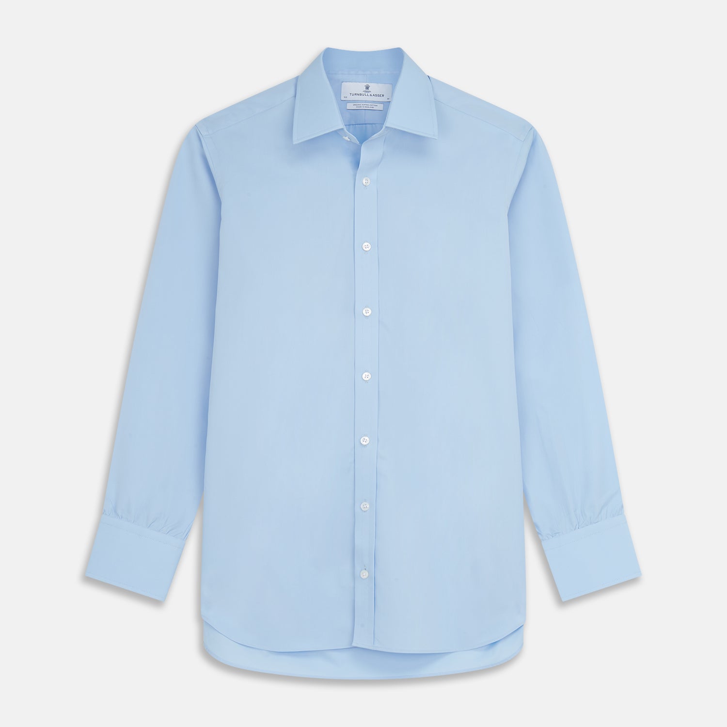 View 1 of product The Turnbull & Asser Pale Blue Organic Cotton Regular Fit Mayfair Shirt features buttons and is crafted from soft, comfortable organic cotton.