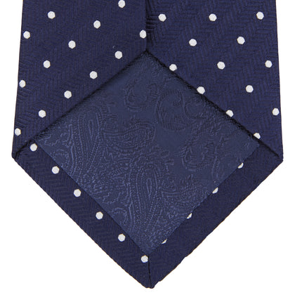 Navy and White Spot Woven Herringbone Silk Tie Image 3