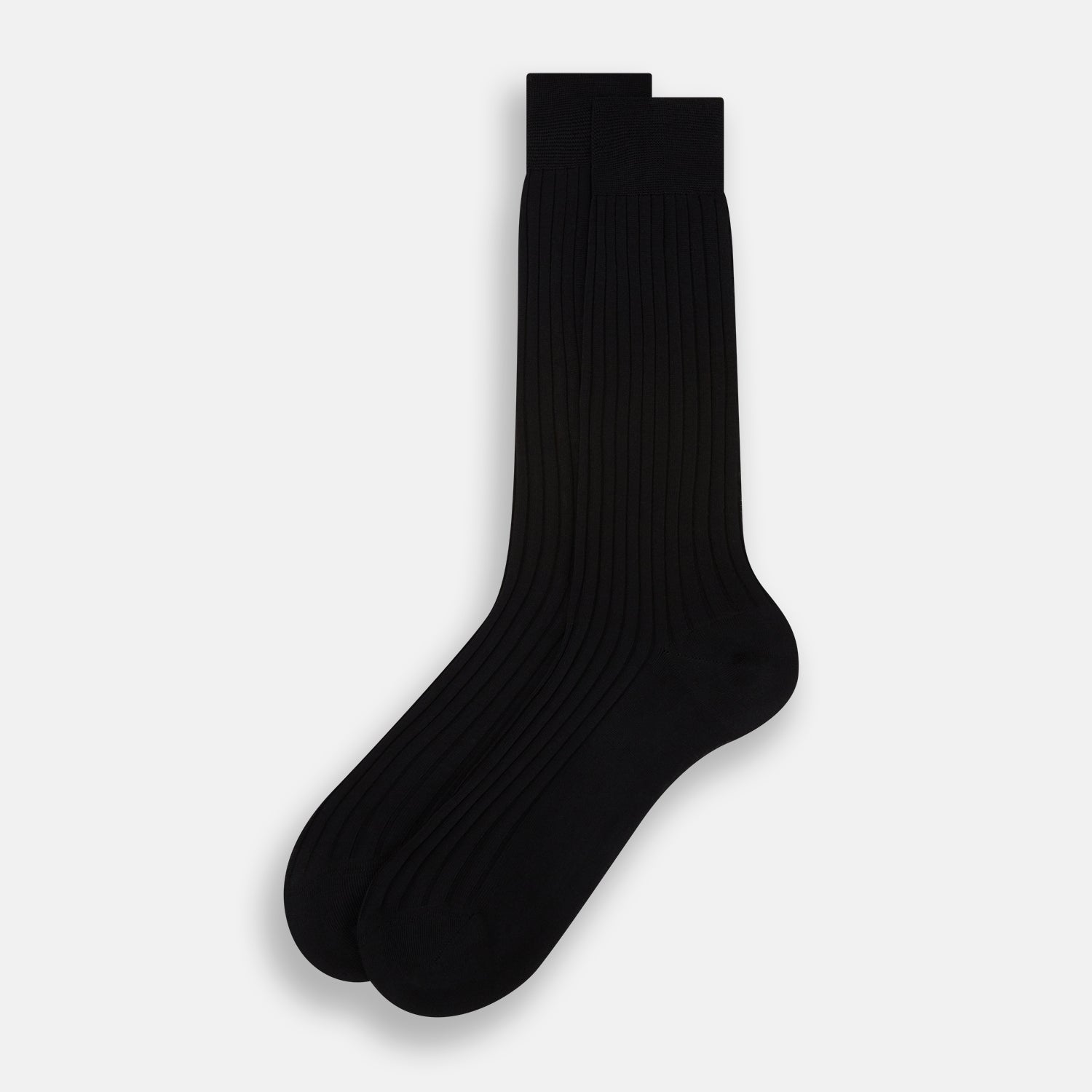 View 2 of product A single Black Cotton Mid-Length Sock by Turnbull & Asser, featuring a ribbed texture and crafted from premium Egyptian cotton, is displayed upright against a plain white background.
