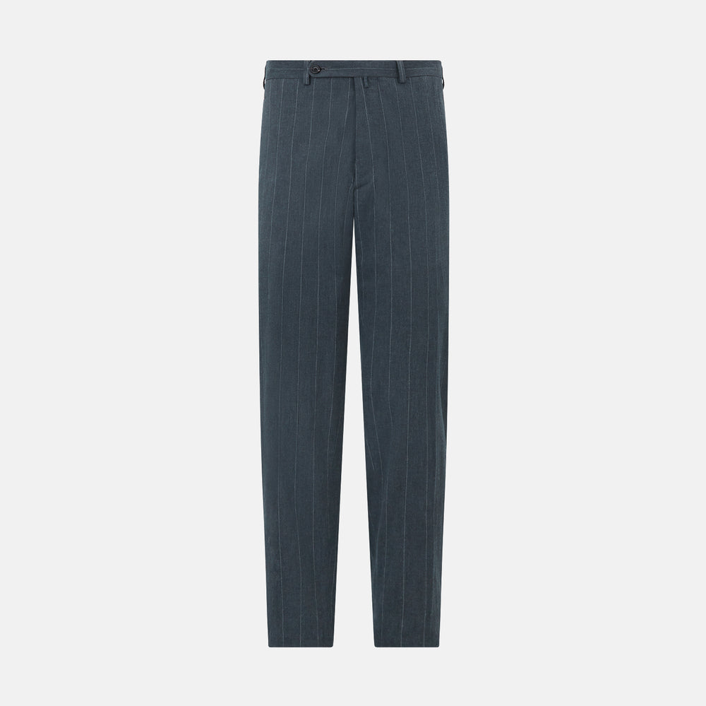 A pair of Forest Green Striped Edmund trousers by Turnbull & Asser, featuring a button and zip closure, belt loops, and a tailored straight-leg fit, shown against a plain white background.