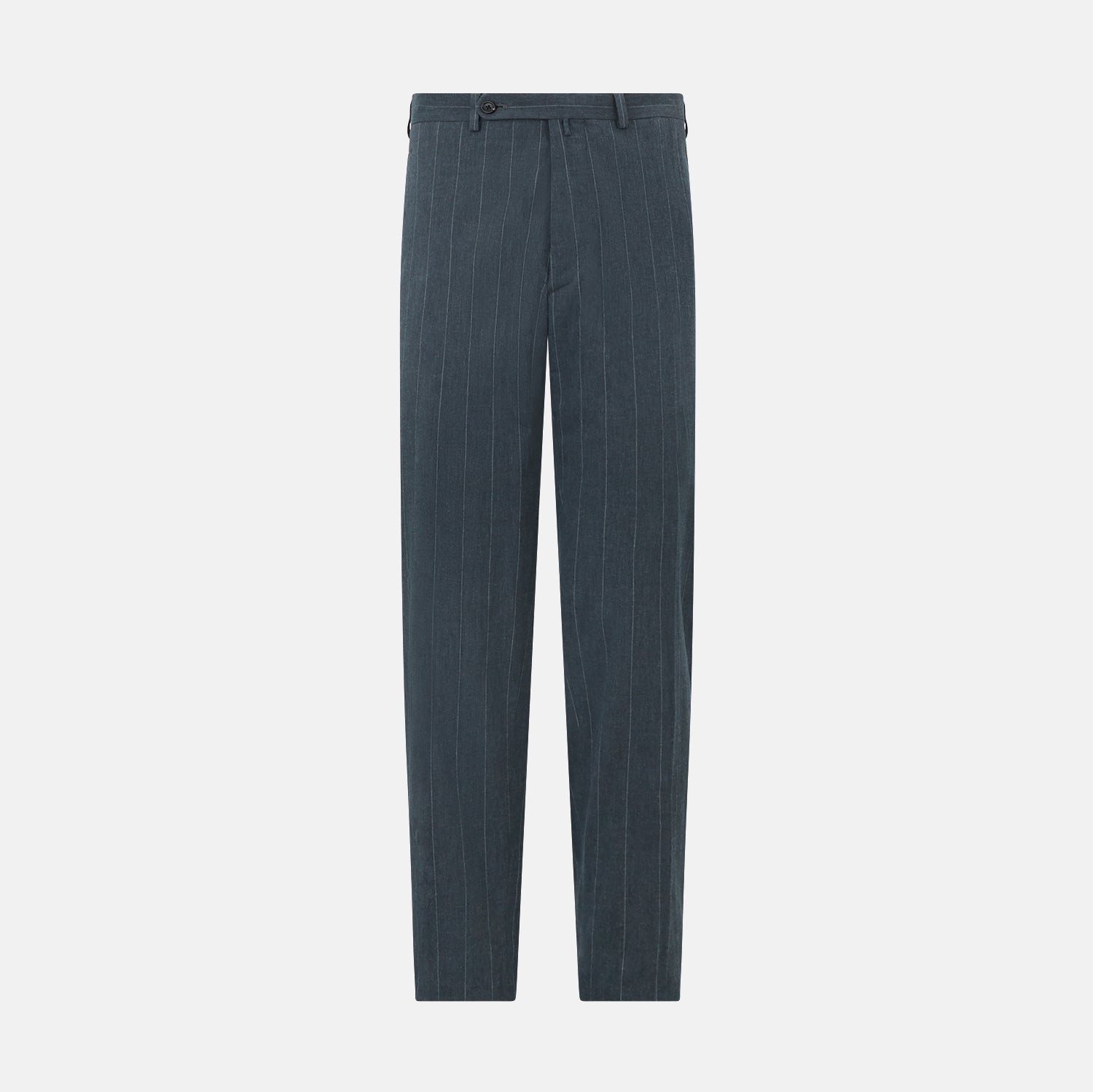 View 1 of product A pair of Forest Green Striped Edmund trousers by Turnbull & Asser, featuring a button and zip closure, belt loops, and a tailored straight-leg fit, shown against a plain white background.