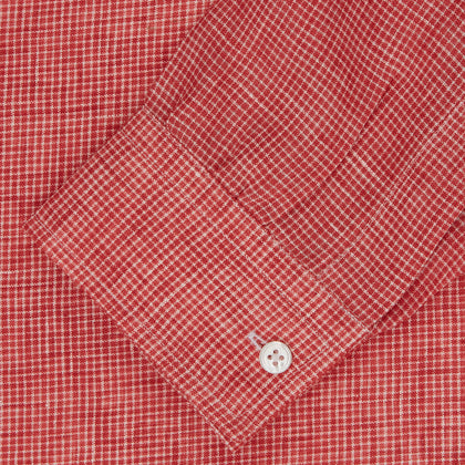 Weekend Fit Red Check Linen Shirt with Derby Collar and 1-Button Cuffs