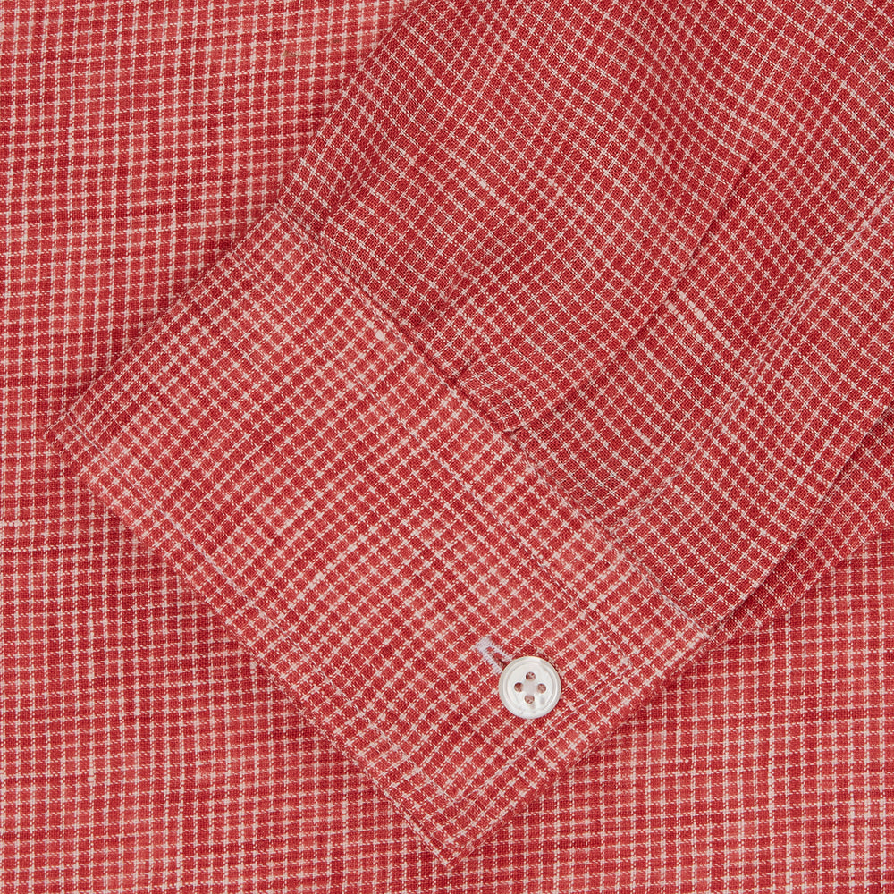 Weekend Fit Red Check Linen Shirt with Derby Collar and 1-Button Cuffs