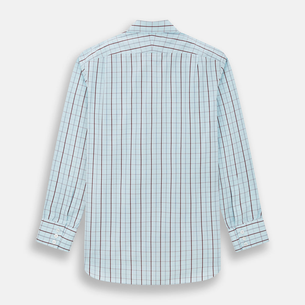 The Turnbull & Asser Burgundy Combination Check Mayfair Shirt is a long-sleeve button-up dress shirt with a check pattern, ideal for formal wear and shown on a plain white background.